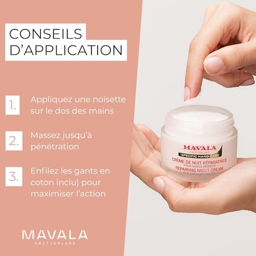MAVALA Repairing Night Cream for Hands| Dry hands Treatment | Cracked Hands Repair| Overnight Hand Moisturizer | 30 Day Treatment | Moisturizing Gloves | 2.4 Oz