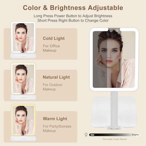 Lighted Travel Mirror with Rechargeable Light, Adjustable Stand & 3 Light Colors