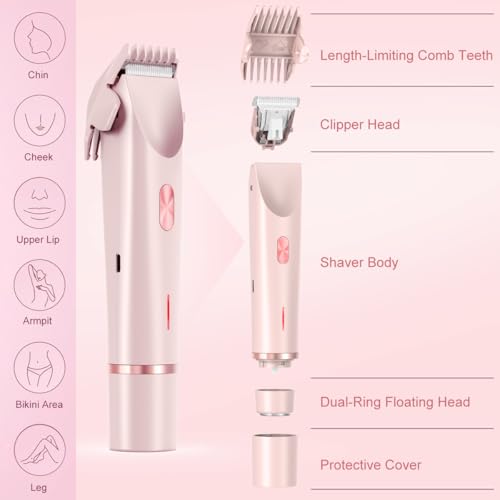 Bikini Trimmer for Women 2 in 1 Dual Head - IPX7 Waterproof Painless Electric Razors for Beauty, Pubic Hair, Face, Legs & Underarms? Portable Cordless Shaver with Fast Charging, Easy Cleaning (Pink)