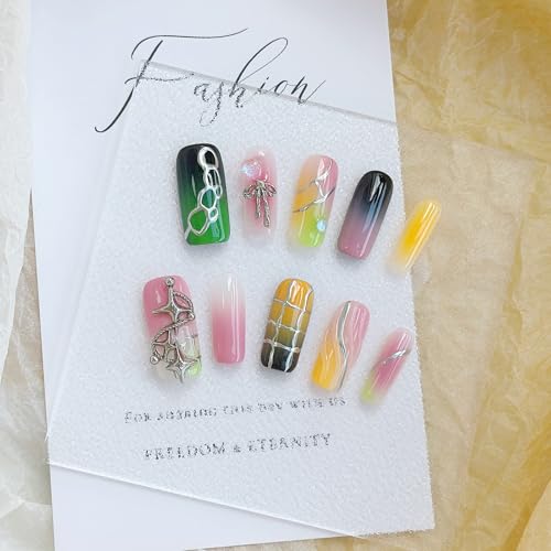Handmade Press on Nails - Middle Long Square | Multicolored Stripes | Reusable False Nails 10 Pcs (Overturned Palette, L)