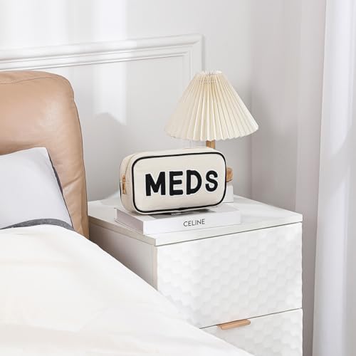 2Pcs Small Canvas Rx MEDS Medicine Packages, Cute Chenille Letter Patch Drug Makeup Bag with Metal Zipper, Mini Travel First Aid Purse Organizer Machine Washable (05RX and MEDS)