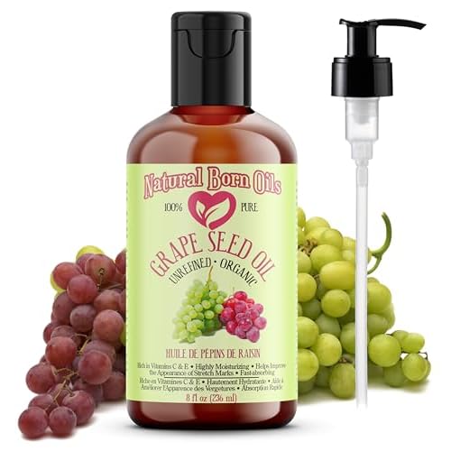 Natural Born Oils Grape Seed Oil, 8 oz, Organic, Cold?Pressed, Antioxidant?Rich, Skin Hydration, Hair Shine Enhancer