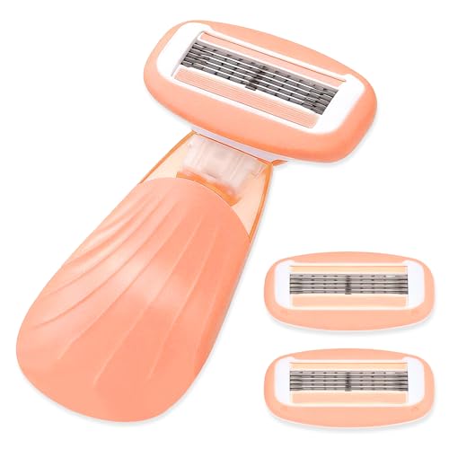 Women's Travel Razor with Lubricating Strip ? 5-Blade Compact Shaver for Sensitive Skin, Includes 1 Handle + 2 Cartridges & Protective Case, Orange