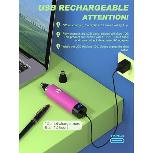 Nose Hair Trimmer for Women and Men£¬Rechargeable with LED Display,2 in 1 Painless Multifunctional Ear and Nose Trimmer with IPX7 Waterproof Dual Edge Blades-Magenta