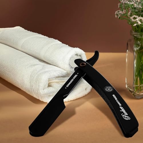 Parker PTABK Adjustable Stainless-Steel Barber Razor | 3 Blade Exposures (Low/Medium/High) | Straight Shavette with 5 Premium Platinum Refills | Black Stainless Steel Handle