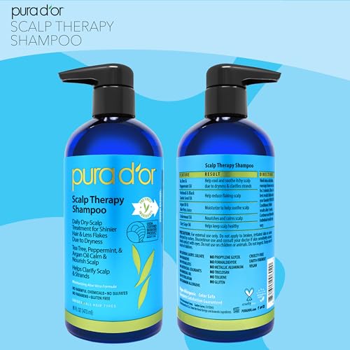 PURA D'OR Scalp Therapy Shampoo - Hydrates & Nourishes Scalp - Scalp Care Shampoo For Itchy Flaky Scalp w/ Tea Tree, Peppermint, Patchouli, Cedarwood, Clary Sage, Argan Oil 16oz (Packaging may vary) (00602)