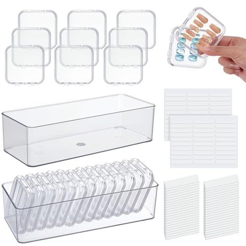 26PCS Press on Nail Storage Box with 2 Big Storage Boxes 60 Adhesive Double Sided Tape 100 Acrylic Nail Display Board Plastic Nail Display Box Fake Nail Case Clear Nail Packaging Boxes