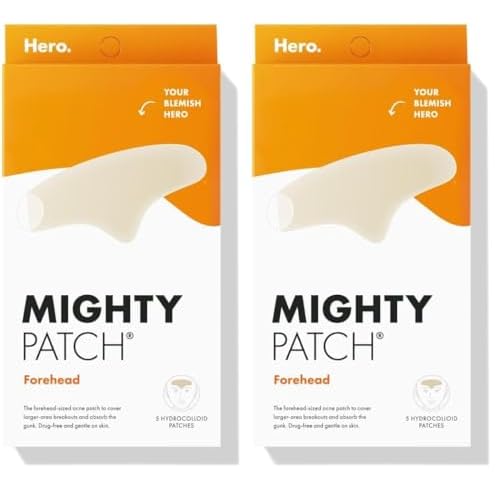 Mighty Patch Hero Cosmetics Forehead Patch - Hydrocolloid Acne Pimple Patch, Contoured to Cover Larger Area of Zits and Blemishes - Drug-Free and Suitable for Sensitive Skin (5 Count) (Pack of 2)