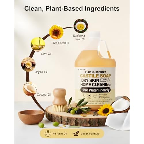 Pure Castile Soap Liquid 126 fl oz, Natural Organic Hand Soap, For Dry Skin, Hand, Face, Body £¦ Home Cleaning, Fragrance Free Vegan Hard Water Friendly-Unscented 3.75L