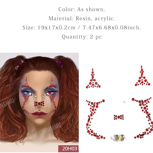 2 Pieces Halloween Face Gems Jewels Tattoos, Day of the Dead Face Temporary Skull Tattoos Rhinestone Crystal Stones Body Gems Makeup Stickers for Halloween Festival Rave Party