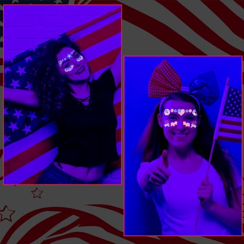 HOWAF 4th of July Temporary Tattoos-5 Sheets Glow Independence Day Face Tattoo 50+pcs Giltter USA Patriotic Tattoos Stickers, American Flag Red White Blue Tattoos Stickers for Face Body Decor