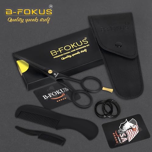5" Premium Beard Mustache Scissors, Black High Carbon Stainless Steel Beard Scissors with 1 Beard Comb, 1 Mustache Comb, 2 Stickers and Tarvel Pouch. Beard Trimming Scissors for All Facial Hair