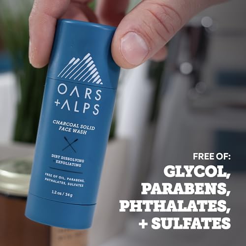 Oars + Alps Exfoliating Face Wash Stick, 2-in-1 Facial Cleanser & Face Exfoliant with Activated Charcoal, Alpine Moss, Dermatologist Tested, Spill Free, Travel Size, 1.2 Oz