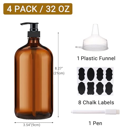 4 Pack 32 oz Amber Glass Pump Bottles, Glass Dispenser Bottles with Pump, Boston Round Bottles with Pumps for Shampoo and Conditioner, Body Shower, Lotion, Soap, Massage Oils