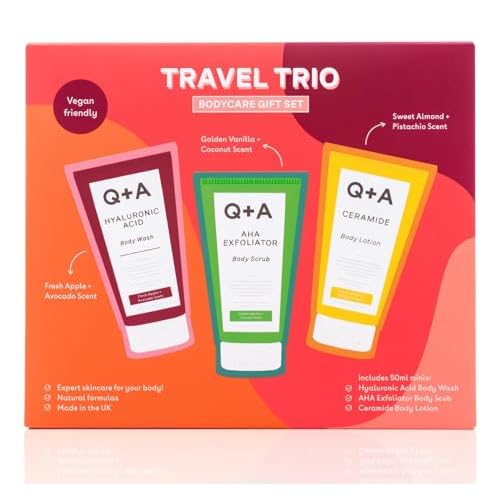 Q+A Travel Trio Body Care Giftset, containing a Hyaluronic Acid Body Wash, AHA Exfoliator Body Scrub, and a Ceramide Body Lotion, each item 50ml