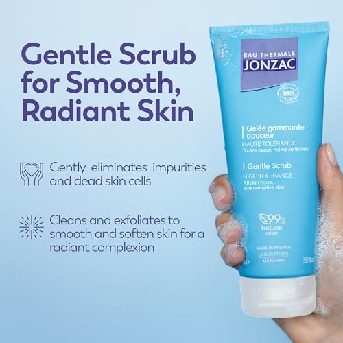 Eau Thermale Jonzac Organic Gentle Face Scrub with Perlite Beads ? Smooth Radiant Complexion ? Sensitive Skin Approved ? Dermatologically Tested ? Vegan Formula ? 2.54 Fl Oz