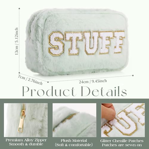 Paterr 4 Pieces Preppy Makeup Bag Chenille Letter Faux Fur Fluffy Bag Preppy Stuff Face Skin Hair Stuff Cute Toiletry Cosmetic Travel Bags Pouch with Zipper for Girls Women(Light Colors)