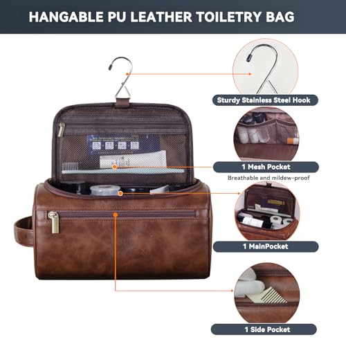 Toiletry Bag for Men, Small Leather Travel Pouch Bag with Hanging hook,Travel Essentials Dopp kit, Men's Shaving Grooming Kit,Gifts for Father, Dad, Boyfriend, Grandpa, Shaving Kit