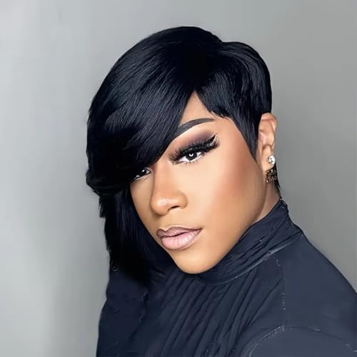 Chic Elegent Pixie Cut Human Hair Wigs for Women Short Layered Pixie Cut Straight Human Hair Wigs With Bangs Natural Black Color Glueless Brazilian Virgin Straight Human Hair Wig (1b)
