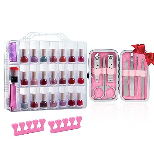 JIASHENG 48 Bottles Universal Clear Gel Nail Polish Organizer Case,Manicure Pedicure Set Stainless Steel Nail Clippers Personal Nail Clipping Tools