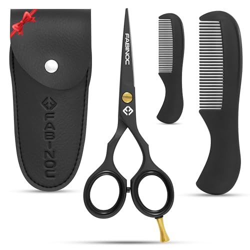 Beard and Mustache Scissors for Men 5" with 2 Combs & Pouch ? German Quality Stainless Steel Hand-Forged Grooming Scissors for Facial Hair Trimming (Black)