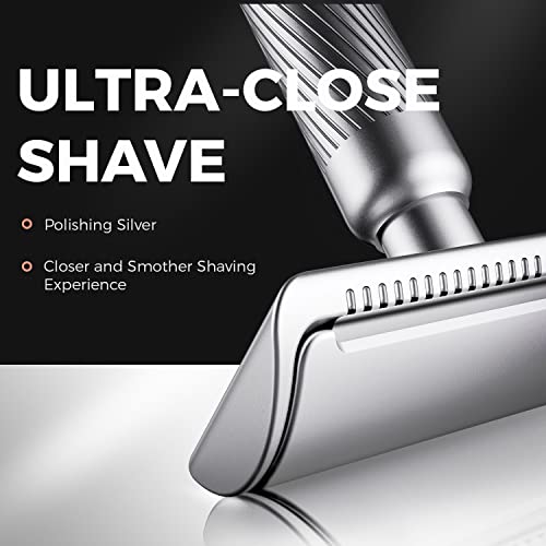 ZOMCHI Double Edge Safety Razor for Men & Women,[New Version 2.0 ] Metal Razor with 10 Double Edge Safety Razor Blades,Single Blade Razor ? Noble Silver