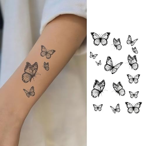 Black & White Butterfly Temporary Tattoos ? 15 Customizable Butterfly Temp Tattoo with Detailed Linework, Waterproof & Realistic, Lasting for 2 Weeks