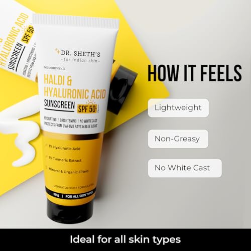Dr. Sheth's Turmeric & Hyaluronic Acid Sunscreen with SPF 50+ & PA+++ | Helps Repair Skin Barrier with UVA/UVB & Blue Light Protection | Unisex Formula | 1.76 Oz/50 g