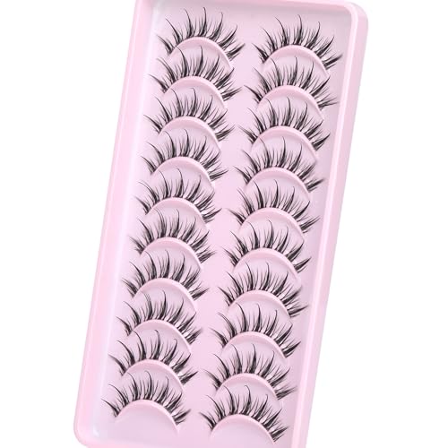 Manga Lashes Wispy Natural Look False Eyelashes Spiky Eyelashes Anime Fake Eyelashes Strip 3D Doll Lashes False Eye Lashes with Invisible Lash Band 10 Pairs