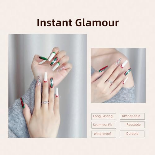 Nails Handmade Press on Nails Long Coffin | Handmade Nails with Christmas Theme | Reusable fake Nails with Unique Designs | False Nails 10 Pcs (Christmas Theme, M)