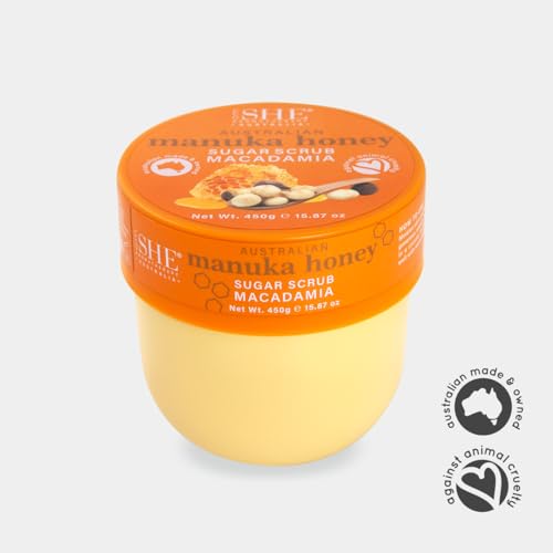 Om SHE Aromatherapy Manuka Honey Sugar Scrub with Macadamia 15.87oz - Exfoliating Body Scrub, Natural Sugar, Micro Bead Free, Rosehip Oil. Australian made.