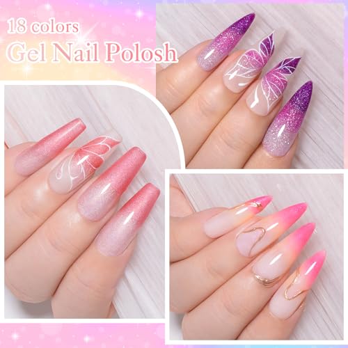 Color Changing Gel Nail Polish Set, 18 Temperature Mood Changing Colors Red Pink Purple, Soak Off UV Light Cure Gel Polish for Salon and Nail Art DIY at Home