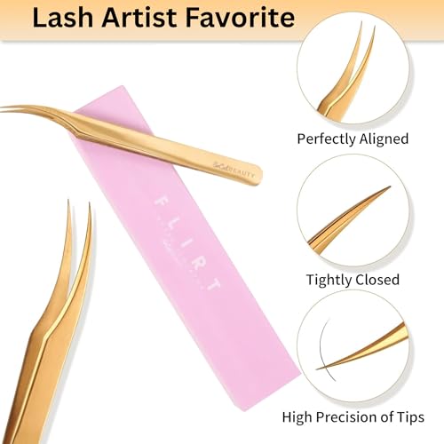 Flirt Curved Isolation Lash Tweezer by SoCal Beauty | Gold Professional Eyelash Tweezer for Eyelash Extensions, Hand-Tested with MM Guide ? Lash Artist¡¯s Favorite Precision Eyelash Applicator