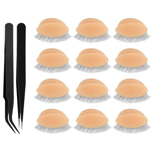12PCS Realistic Replacement Eyelids with Eyelashes for Mannequin Head, Silicone Rubber Eyelids for Eyelash Training Practice, Tan Color