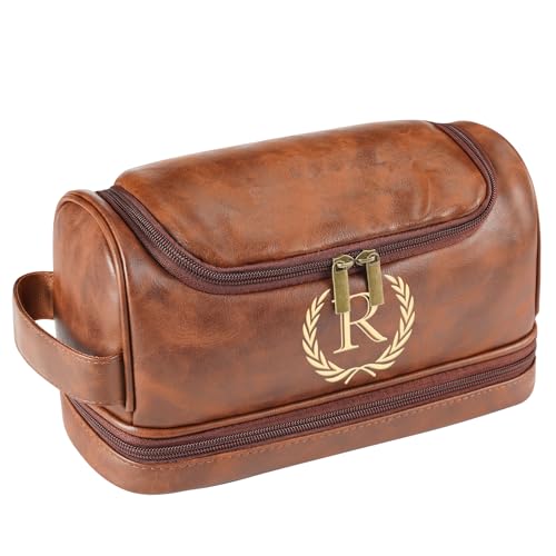 Personalized Initial Toiletry Bag for Men, Monogrammed Engraved Mens leather Toiletry Travel Bag,Unique Gift for Him, Dad, Groomsmen, Birthday, Anniversary, Father, Son, Husband