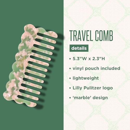 Lilly Pulitzer WIde Tooth Comb with Pouch for Travel, Pocket Comb for Wet Hair, Pink Muse/Jade Lime Marble