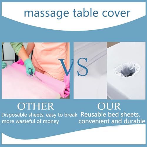 Premium Reusable Massage Table Sheets Bed Cover 75 x 31.5 Inches with Face Hole, Fitted Table for Master Massage, Mat for Esthetician, Waterproof, Oilproof, Machine Washable (White, 75 x 31.5 Inches)