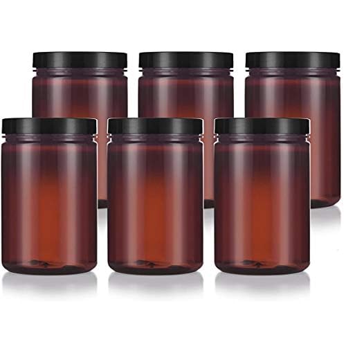 (6 pack) 25 oz Large Amber PET Plastic Refillable Jar with Black Smooth Foam Lined Lid