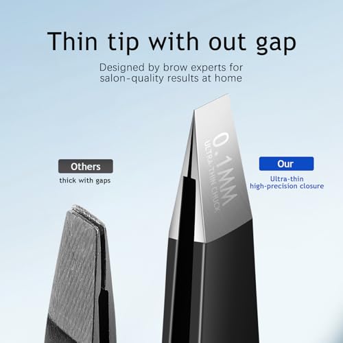 Shiling Professional Eyebrow Tweezers, Black, Stainless Steel, 1mm Ultra-Thin Tip, Anti-Rust Coating, Precision Slanted Design for Facial Hair Removal