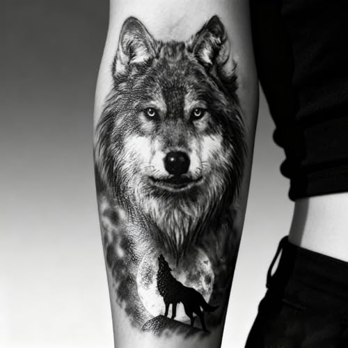 2 Sheets Realistic Animal Temporary Tattoos Stickers Moon Roar Wolf Designs For Men Waterproof Arm Leg Fake Body Art, Gym & Parties Bold Masculine Decals