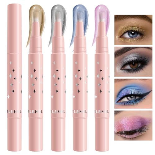 4 Colors Shimmer Liquid Eyeshadow, Glitter Liquid Eyeshadow with Brush, Long Lasting Brightener Eyeshadow Makeup, Sparkle Eyeshadow Stick for Lip and Cheek (1234#)