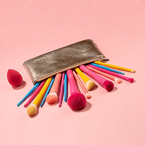 Makeup Brush Set for Powder, Foundation, Contour, Blush, Highlighter, Eyeshadow, Premium Synthetic Make Up Brush Set with Cosmetics Bag, Set of 15 & 1 Makeup Sponge, Yellow