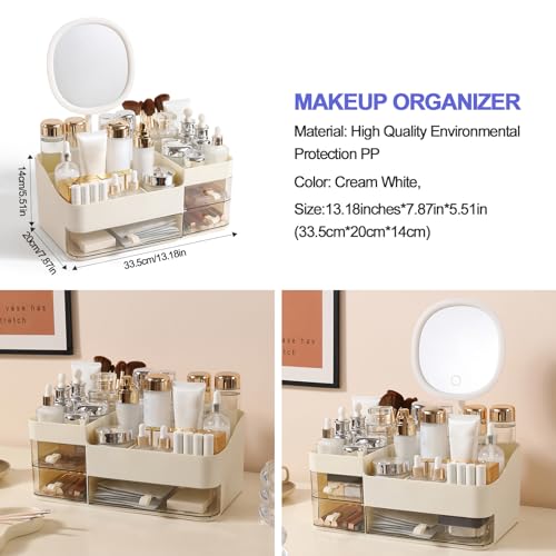 DASITON Makeup Organizer with Rechargeable Mirror and 3 Drawers,Skincare and Cosmetics Organizer Countertop,Makeup Brush Holder,Large Cosmetic Display Case for Vanity,Desk,Bathroom,Bedroom(Cream)