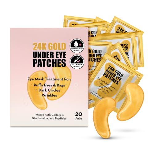 Elizabeth Mott 24K Gold Under Eye Patches - Collagen, Niacinamide & Peptides for Puffy Eyes, Dark Circles & Wrinkles - Hydrating & Brightening Eye Mask, Cruelty-Free