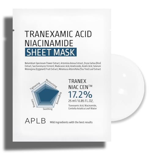 APLB Tranexamic Acid Niacinamide Sheet Mask 10pcs | TRANEX NIAC CEN¢â 17.2% 0.85 FL.OZ/Korean Skincare, Long lasting hydration, Blemish Care, Helps with skin discoloration