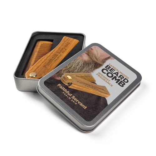 Wooden Beard Comb For Men - Psalm 25:9, Faithful Servant - Sandalwood Smooth Gliding Pocket Beard Comb w/Engraved Bible Verse, Beard & Mustache Folding Comb For Men As Gifts For Christian Men