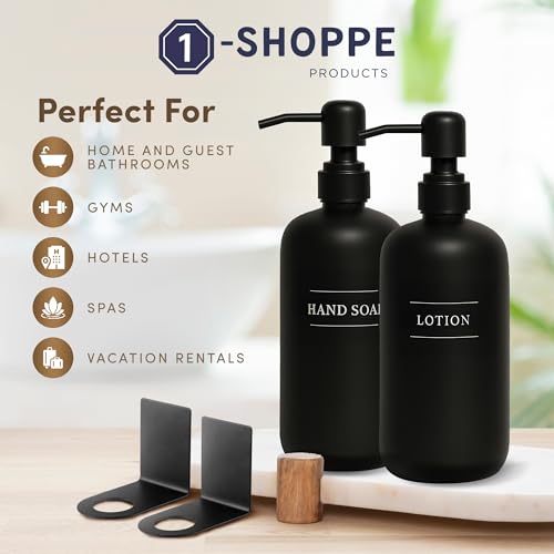 Black Plastic Bottle | Refillable Wall Mount Liquid Soap Dispenser with No Drill Brackets | 16 oz Hand Soap and Lotion for Every Bathroom | Two Bottles