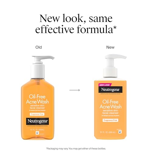 Neutrogena Oil-Free Acne Face Wash, Fragrance Free, Sensitive Skin Facial Cleanser with 2% Salicylic Acid Acne Treatment for Face, 9.1 Fl Oz,(Pack of 2)