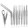 Splinter Forceps - Fine Point - Tweezers Stainless Steel Straight & Curved (Set of 8 Pcs W Magnifying Glass)