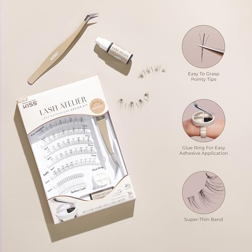 KISS Lash Atelier Professional Lash Extension Kit, ¡®Natural¡¯, Pre-Mapped False Eyelashes, 46 Lash Clusters & 36 Individual Lashes, Last For Up To 7 Days, Glue Ring, Applicator